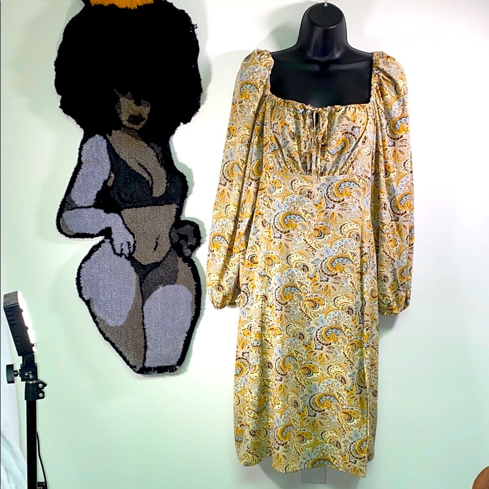 Yellow and Cream Long Sleeve Sundress with Square Neck